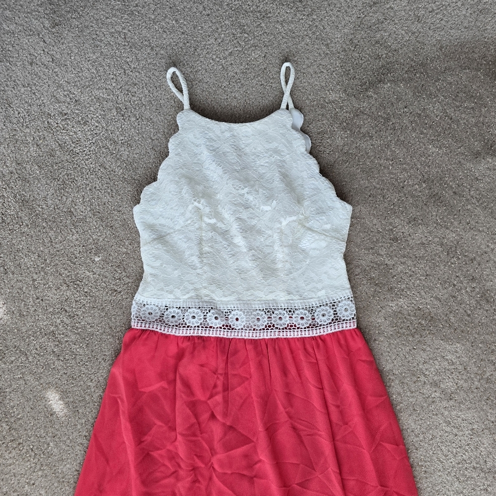 Coral & White Lace Chiffon Spring Long Maxi Dress Size O